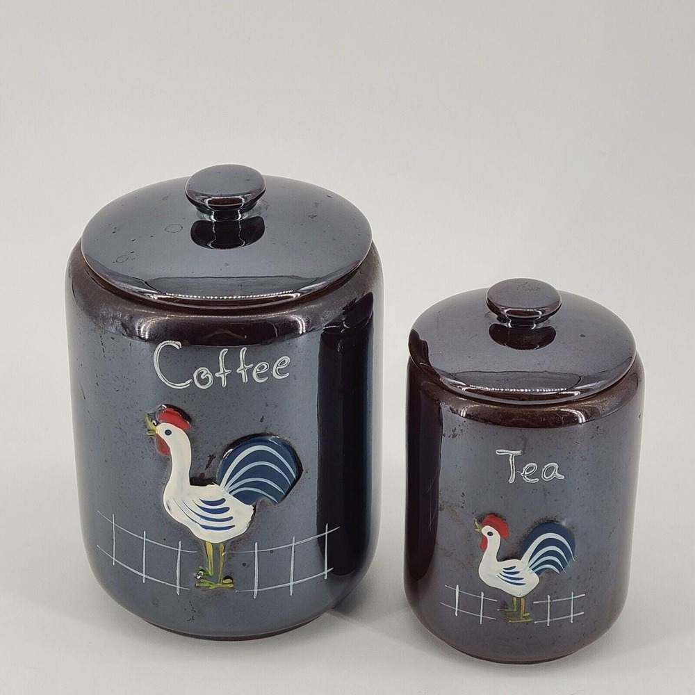 Ceramic Lusterware Hand Painted Rooster Canister Set Coffee Tea